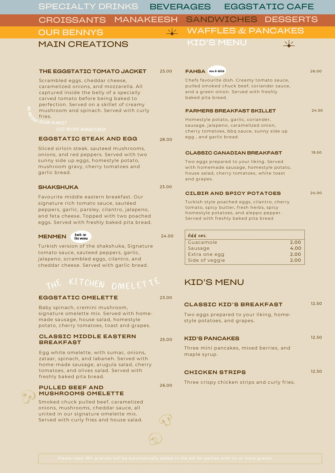 Eggstatic menu: Signature Shakshuka and Omelettes