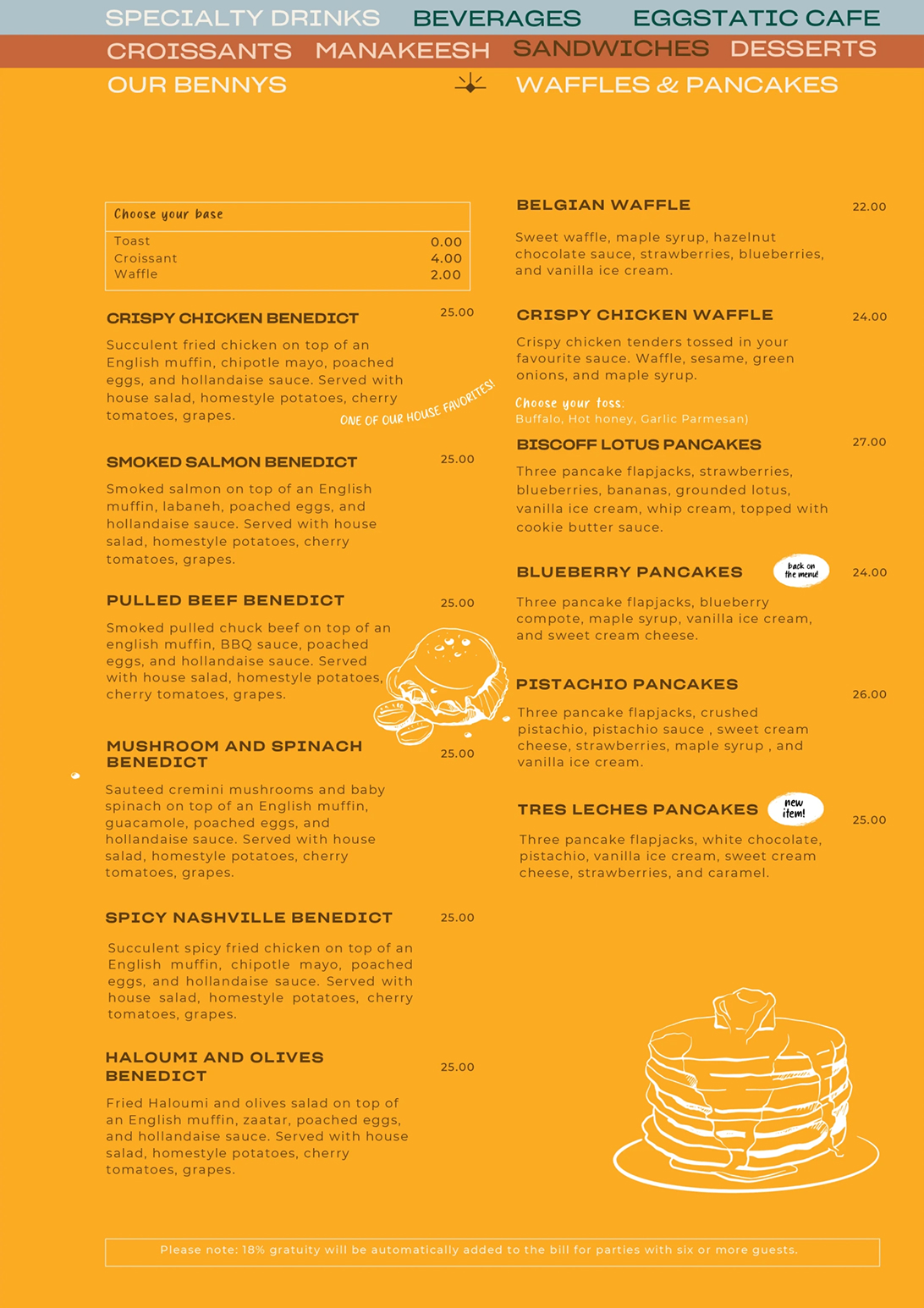 Eggstatic menu: Benedicts and Lotus Biscoff pancakes