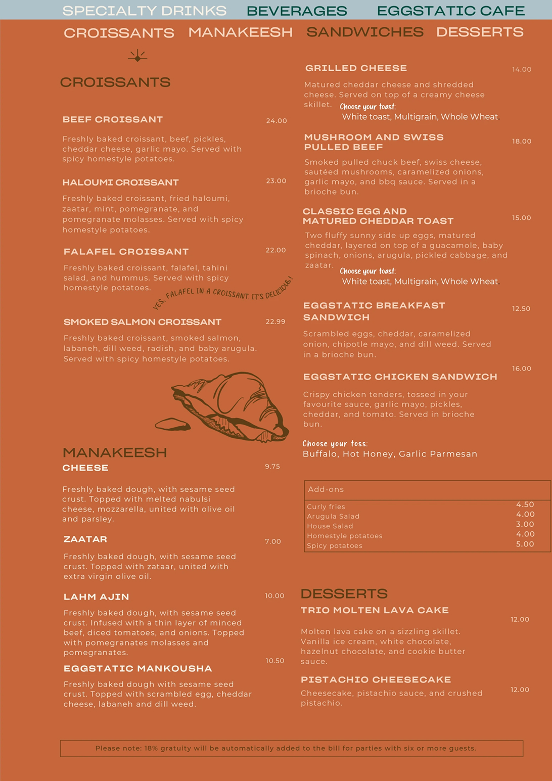 Eggstatic menu: Zaatar Manakeesh and Desserts