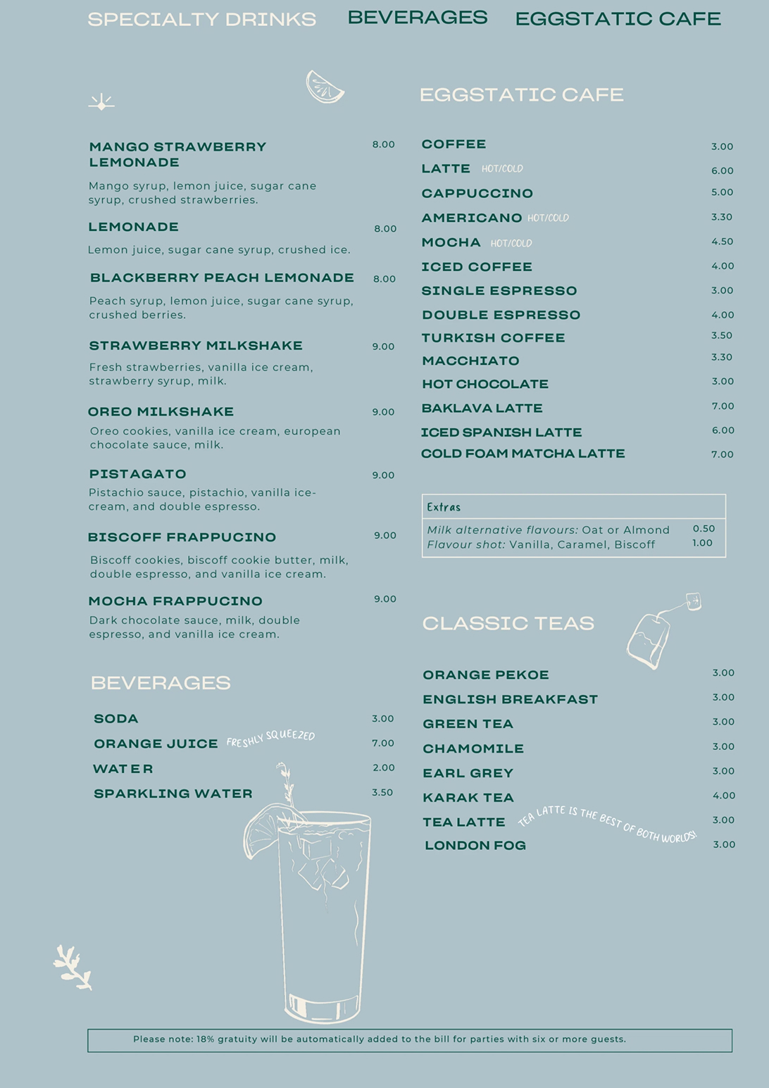 Eggstatic menu: Specialty coffees and milkshakes