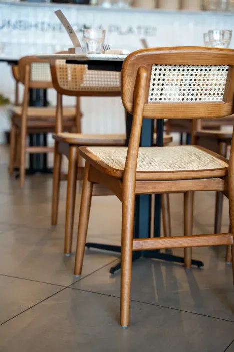 Cane-back bistro chair close-up at Eggstatic Scarborough