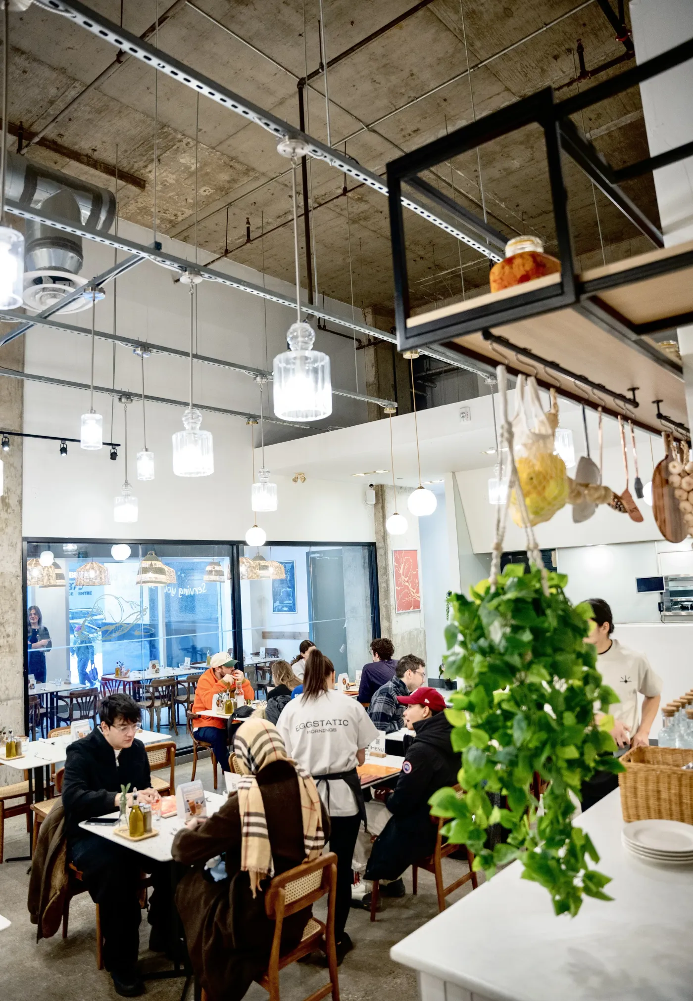 Eggstatic Downtown Toronto brunch service with hanging ivy and pendant lights on Bloor Street East