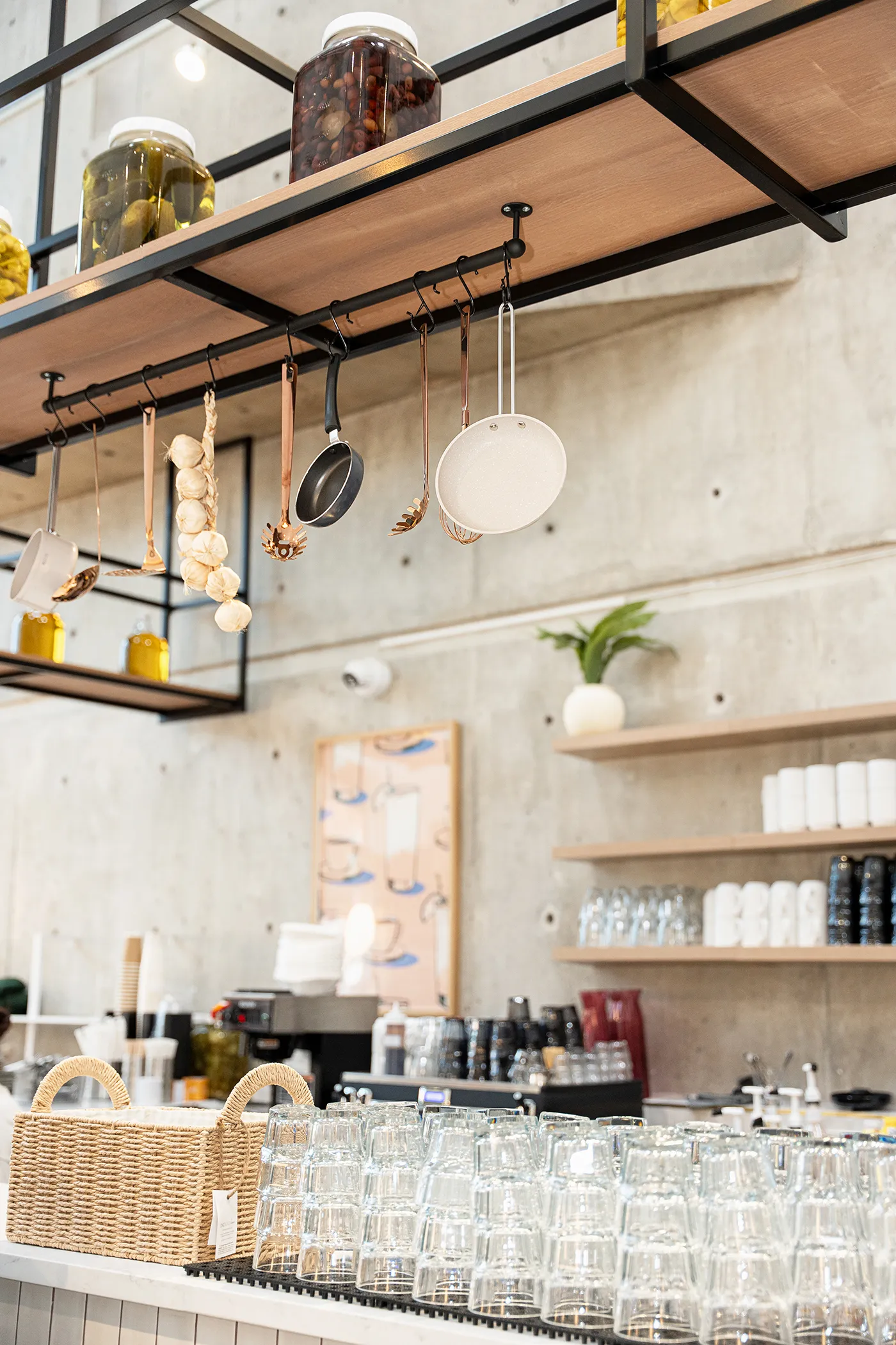 Eggstatic coffee bar with glassware and espresso machine
